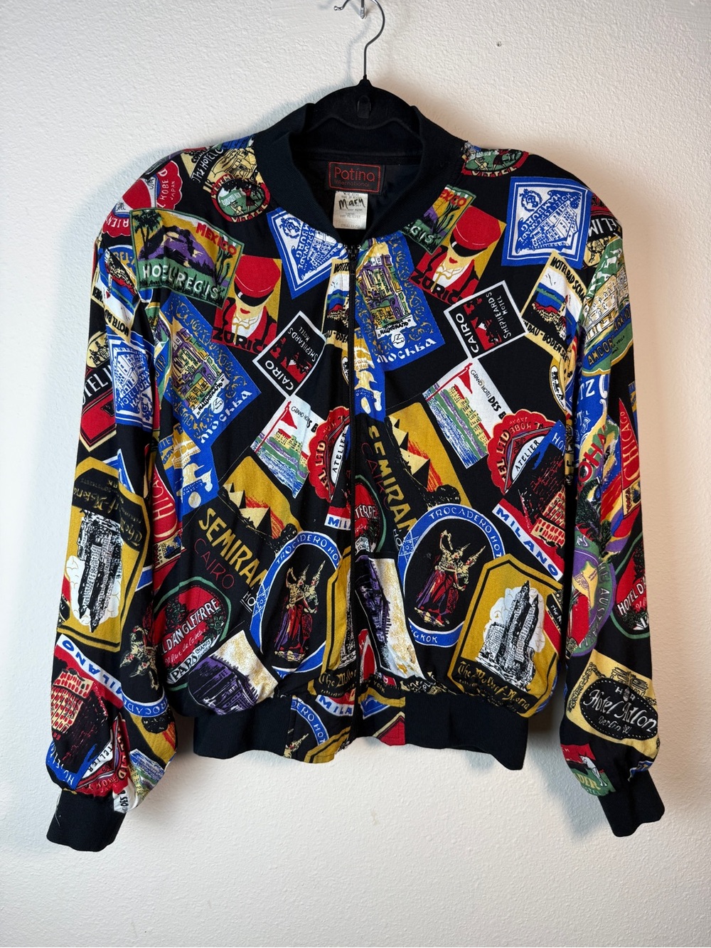 Vintage Patina International Novelty Passport Hotel Stamp Bomber Jacket Large - Picture 1 of 11